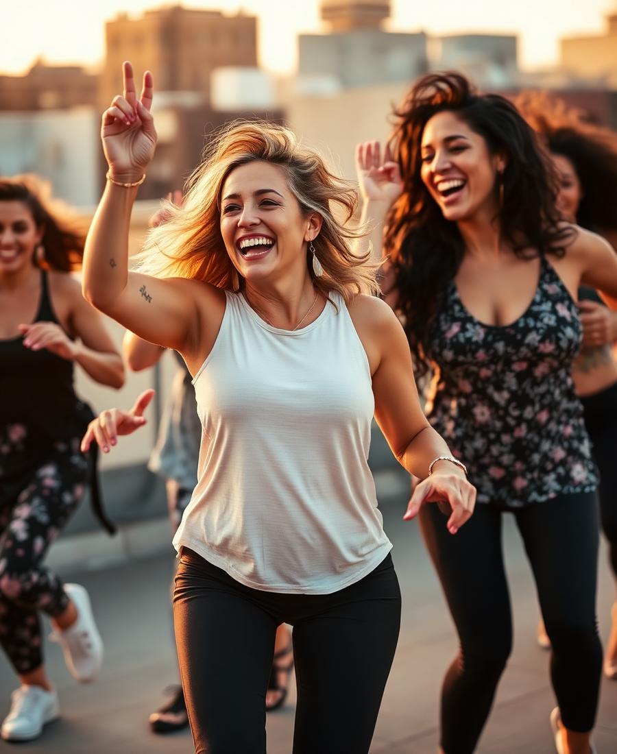 Women dancing together on a rooftop at sunset