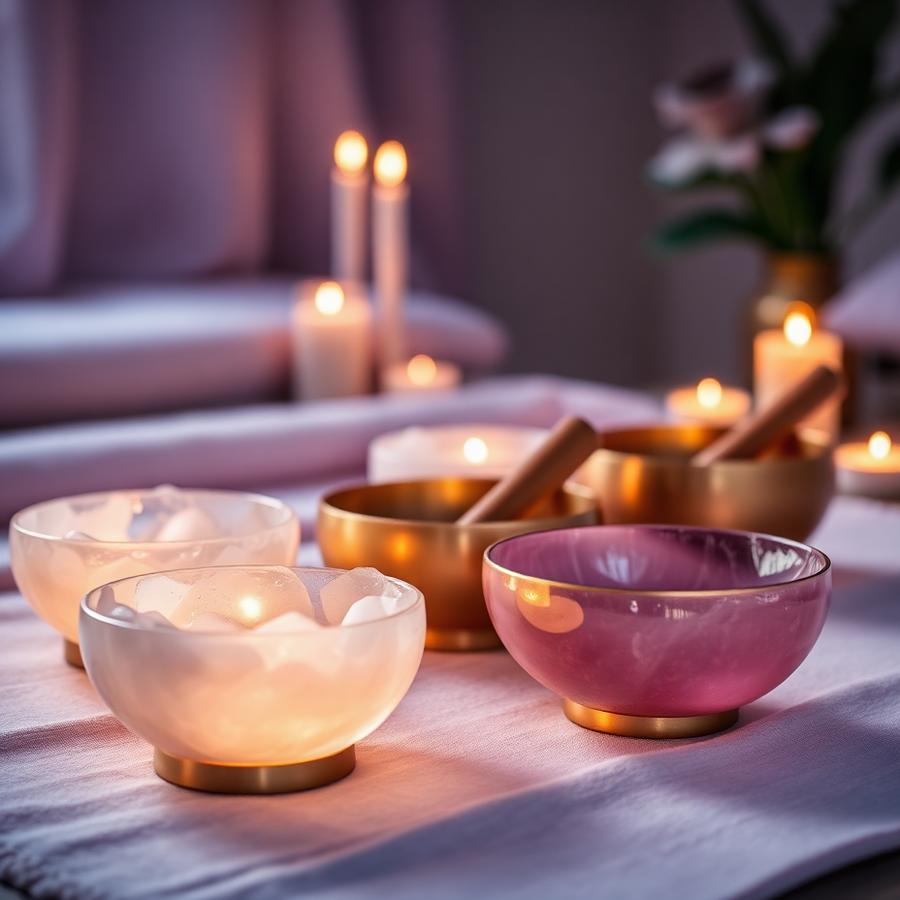 Crystal singing bowls set up for a sound bath