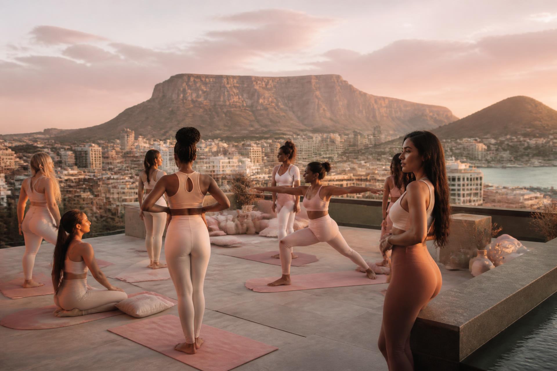 Women practising rooftop wellness at golden hour above Cape Town