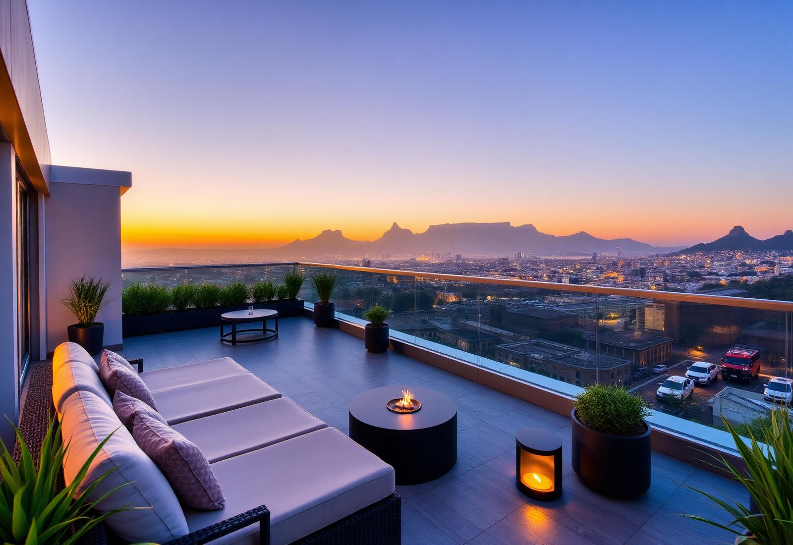 Luxury rooftop terrace overlooking Cape Town at dusk